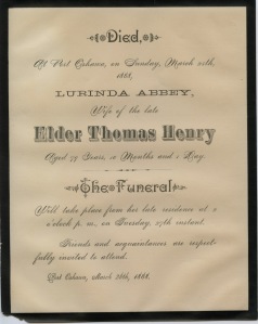 A013.4.1 - Funeral notice for Lurenda Henry, from the Thomas Henry Correspondence Collection