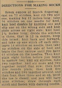 Directions for Making Socks, as appeared in the Ontario Reformer, Friday Sept 3, 1915, p5