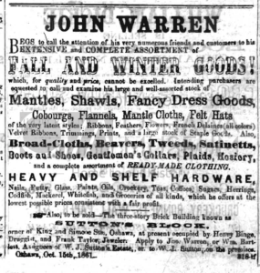 Black and White newspaper ad for John Warren's store