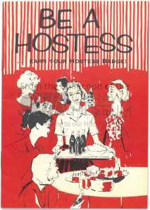 Red and white book cover, with seven Caucasian women illustrated. The title reads "Be a Hostess"
